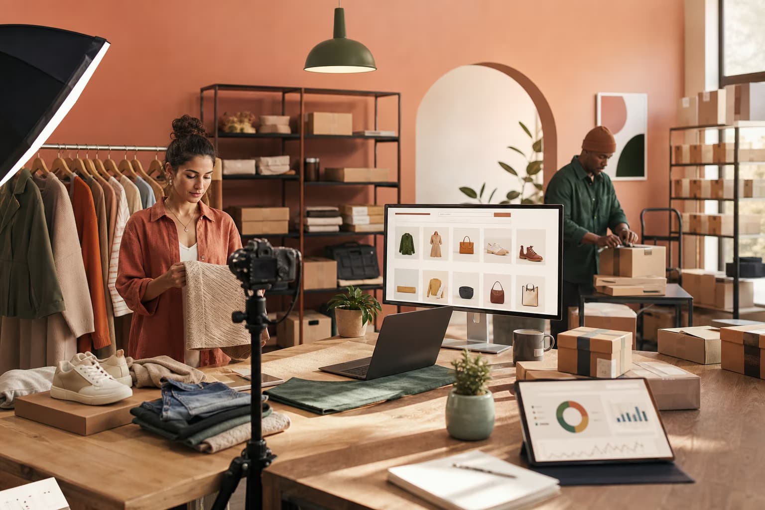 Équipe de commerce électronique gérant ensemble le contenu des produits et les opérations de commande