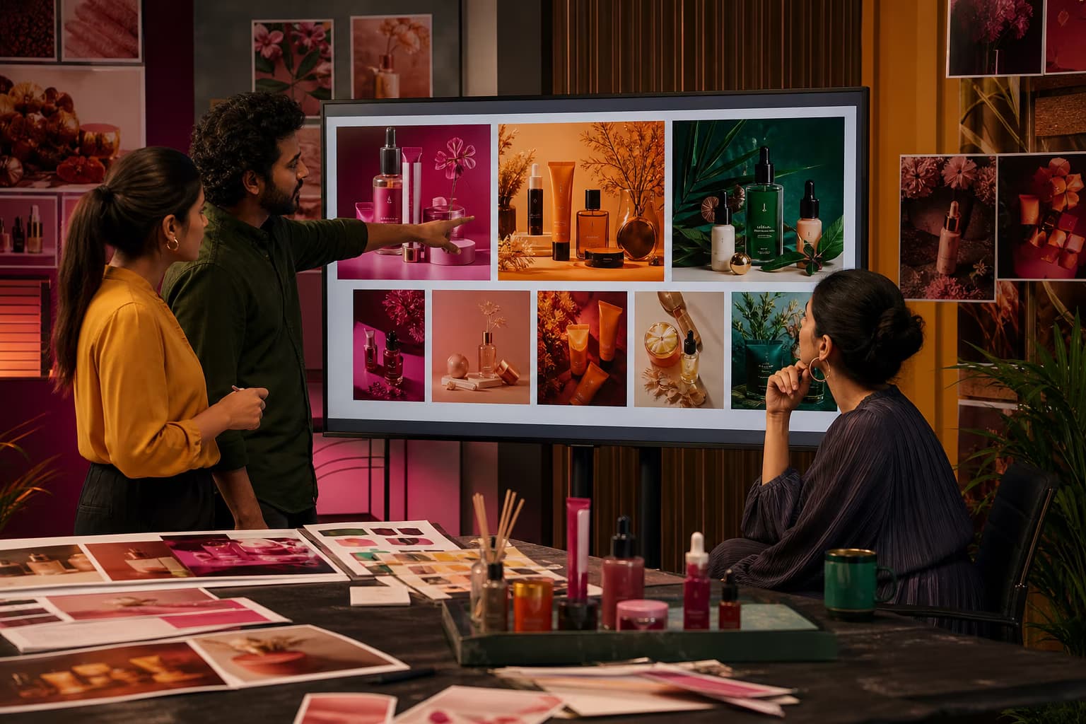 Creative team reviewing AI-generated campaign visuals