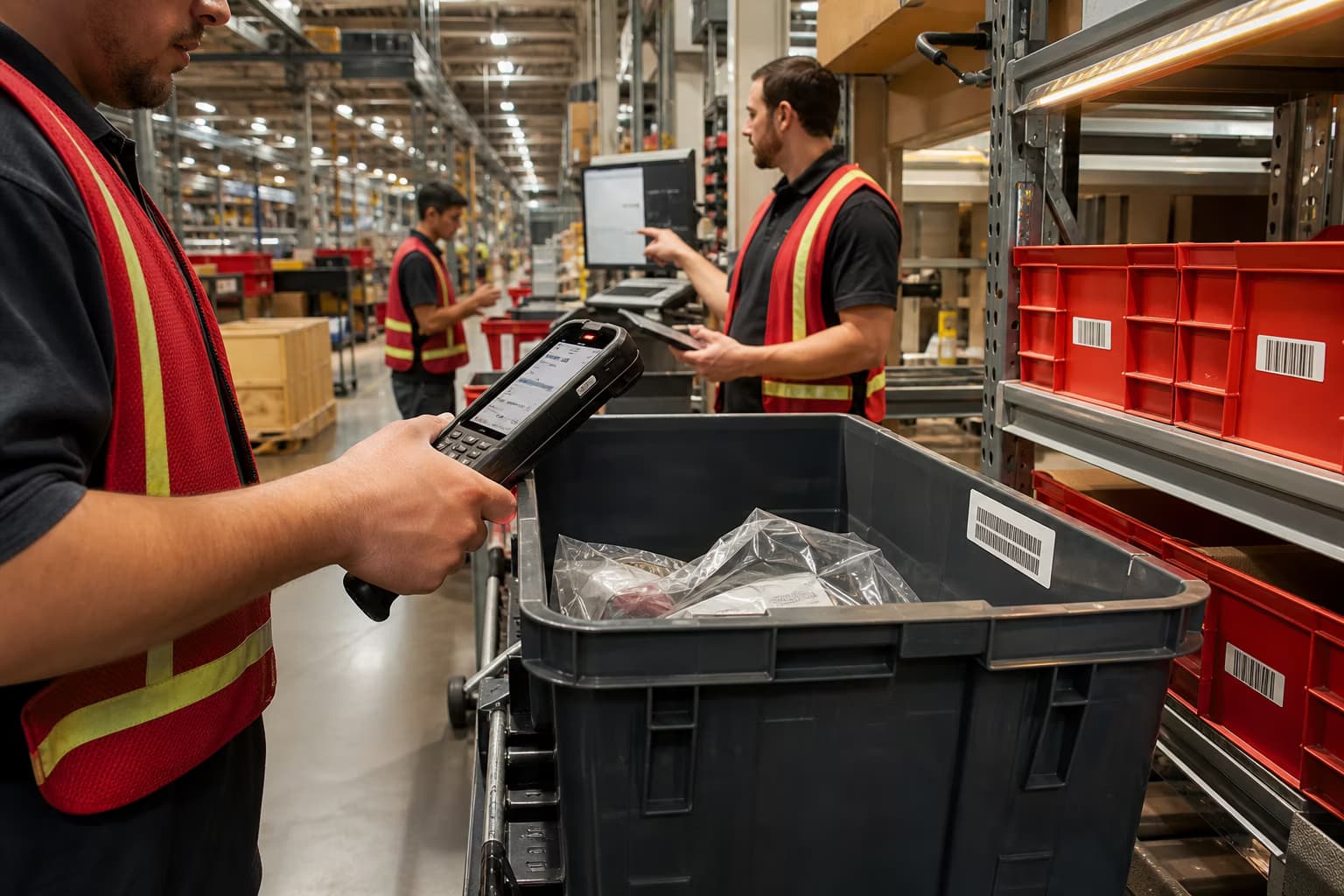 Warehouse operator verifying a pick with a handheld terminal